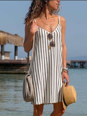Women Stripe V neck Vest Shift Dresses