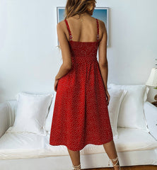 Spaghetti Straps Dots Printed Button Belt Skater Dresses