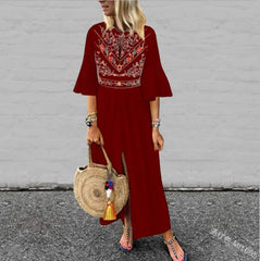 Casual Print Half sleeve Stand collar Maxi Dresses