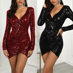 Fashion Paillette Long sleeve V neck Evening Dresses