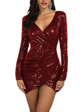 Fashion Paillette Long sleeve V neck Evening Dresses