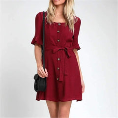 Pure Round neck Single-breasted Lacing Shift Dresses
