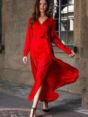 Fashion Elegant Pure V neck Long sleeve Vent Lacing Skater Maxi Dresses
