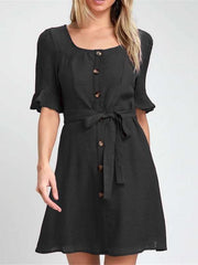 Pure Round neck Single-breasted Lacing Shift Dresses