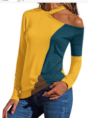 Fashion Round Neck Long Sleeve Colorblock T-Shirts