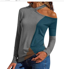 Fashion Round Neck Long Sleeve Colorblock T-Shirts