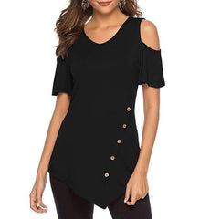 Off shoulder Round neck Irregular Fastener T-Shirts