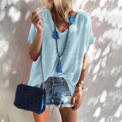 Loose Pure Short sleeve V neck T-Shirts