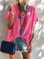 Loose Pure Short sleeve V neck T-Shirts