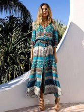 Casual Print V neck Fastener Three quarter sleeve Skater Maxi Dresses