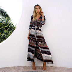 Casual Print V neck Fastener Three quarter sleeve Skater Maxi Dresses