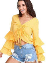 Sexy V neck Lacing Falbala Trumpet sleeve T-Shirts