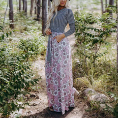 Fashion Gored Stripe Print Skater Maxi Dresses