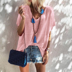 Loose Pure Short sleeve V neck T-Shirts