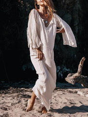 Vintage Deep V-neck Flared Sleeves Off Shoulder Maxi Dress