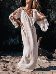 Vintage Deep V-neck Flared Sleeves Off Shoulder Maxi Dress