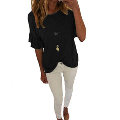 Round Neck Flounce Plain T-Shirts