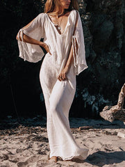 Vintage Deep V-neck Flared Sleeves Off Shoulder Maxi Dress