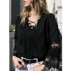 Pure V neck Gored Lace Lacing Long sleeve Blouses