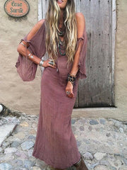 Vintage Deep V-neck Flared Sleeves Off Shoulder Maxi Dress