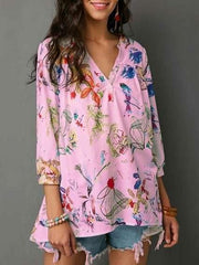 Fashion Floral V neck Loose Blouses