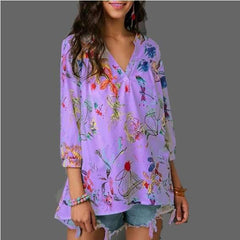 Fashion Floral V neck Loose Blouses