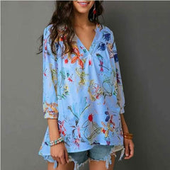 Fashion Floral V neck Loose Blouses
