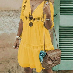 New Women Cutout V neck Pure Loose Shift Dresses