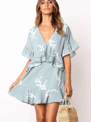 Short sleeve V neck Floral Loose Shift Dresses