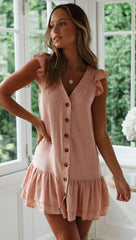 V neck Sleeveless Fastener Falbala Shift Dresses