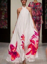 Fashion Print Halter Sleeveleess Big hem Maxi Dresses
