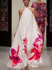 Fashion Print Halter Sleeveleess Big hem Maxi Dresses
