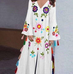 Casual Loose V neck Long sleeve Print Vent Macrame Maxi Dresses