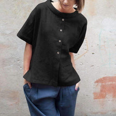 Casual Loose Cotton Fastener Short sleeve Blouses