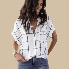 Loose Short sleeve Plaid Blouses