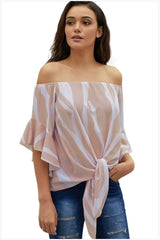 Off shoulder Flare sleeve Stripe Blouses