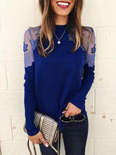 Sexy Lace Flowers Round Neck Long Sleeve T-shirts Top
