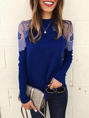 Sexy Lace Flowers Round Neck Long Sleeve T-shirts Top