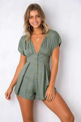 Loose Single-breasted V neck Jumpsuits