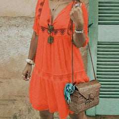New Women Cutout V neck Pure Loose Shift Dresses