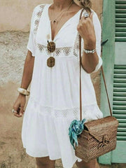 New Women Cutout V neck Pure Loose Shift Dresses