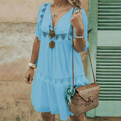 New Women Cutout V neck Pure Loose Shift Dresses