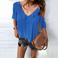 Fashion Pure V neck Short sleeve Off shoulder Falbala T-Shirts