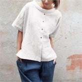 Casual Loose Cotton Fastener Short sleeve Blouses