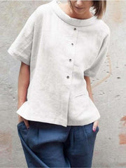 Casual Loose Cotton Fastener Short sleeve Blouses