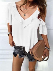 Fashion Pure V neck Short sleeve Off shoulder Falbala T-Shirts
