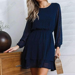 Fashion Pure Round neck Long sleeve Skater Dresses