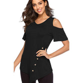 Off shoulder Round neck Irregular Fastener T-Shirts