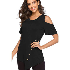 Off shoulder Round neck Irregular Fastener T-Shirts