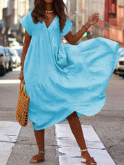 Loose V neck Gored Pure Maxi Dresses
